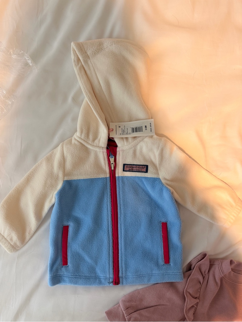 Vineyard Vines Baby Fleece Hoodie - Cream & Light Blue with Pink Trim